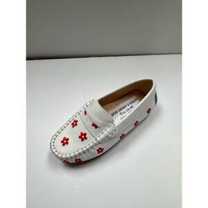 NEW 1936 girl's chloe flower embroidered driving mocassin in white leather/ ligh